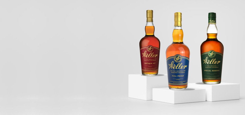 bourbon and whisky banner image includes 3 bottles of weller bourbons